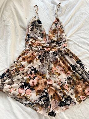 Windsor Floral Romper in Pink, Tan & Black